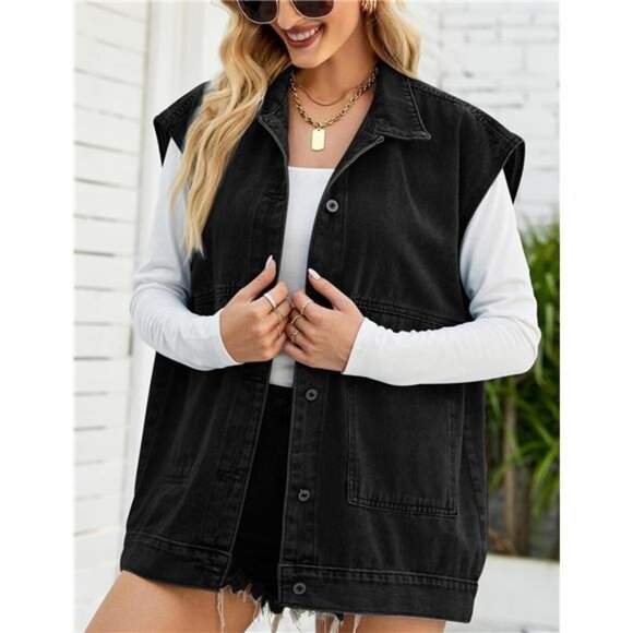 New Women's Cropped Distressed Denim Vest - Ripped Sleeveless Jean Jacket with - Picture 2 of 6